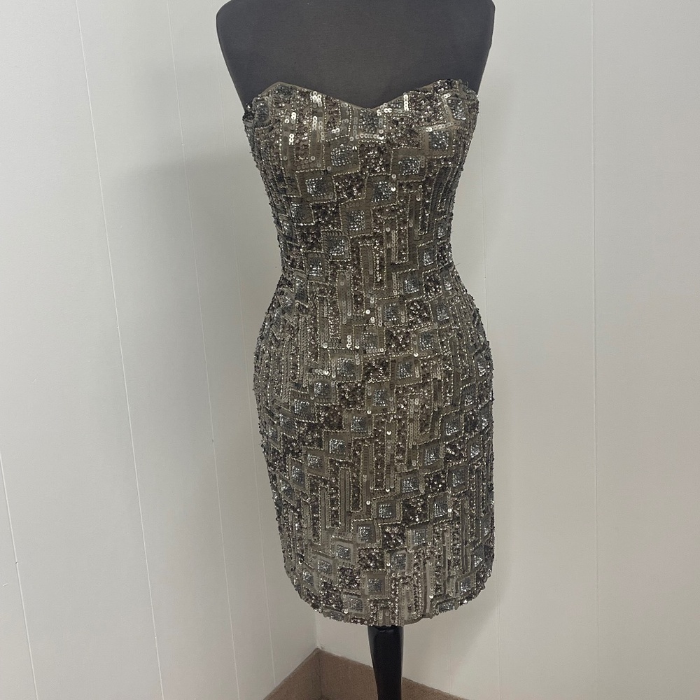 Shail K Strapless Beaded Sequin Silk Cocktail Dress Size 6 Taupe Gold NWT Formal